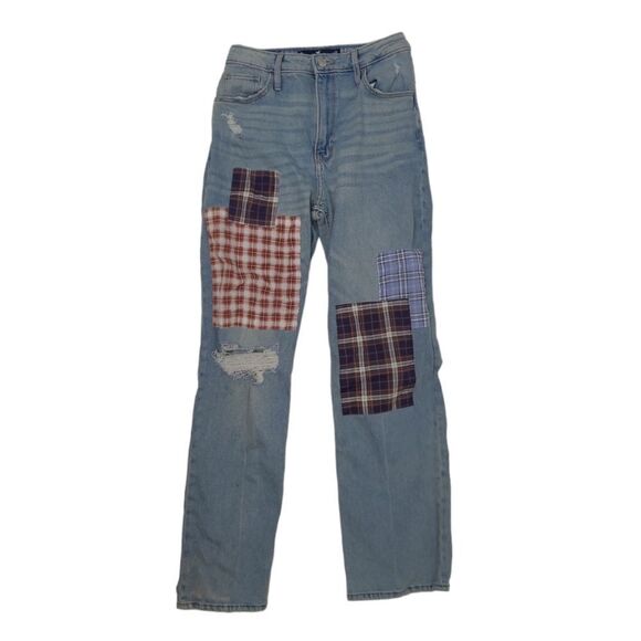 HOLLISTER plaid patchwork ultra high rise dad jeans straight leg 3/26 ASO TV - Picture 3 of 13